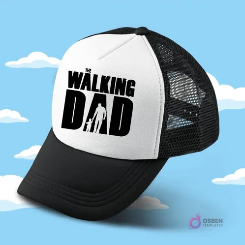 Gorro trucker blanco y negro sublimado con el diseño 'THE WALKING DAD' y silueta de padre e hijo, perfecto para el Día del Padre.
