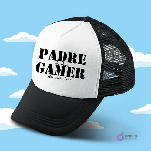 Gorro trucker blanco y negro sublimado con el texto 'PADRE de día GAMER de noche', ideal para padres aficionados a los videojuegos.