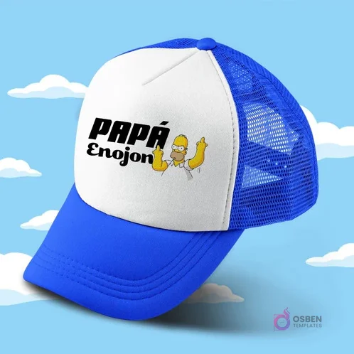 Gorro trucker azul y blanco sublimado con diseño 'PAPÁ Enojon' y Homer Simpson mostrando dos dedos medios, con toque de humor para padres.