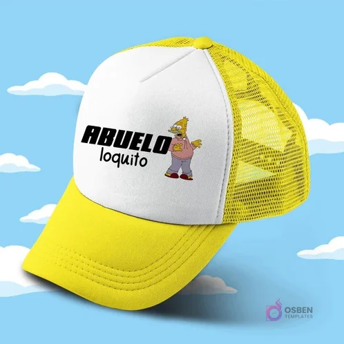 Gorro trucker amarillo y blanco sublimado con diseño 'ABUELO loquito' y Homer Simpson haciendo una pose divertida, ideal para abuelos.
