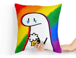 Cojín sublimado con diseño Flork triste y una cerveza, sobre fondo arcoíris vibrante