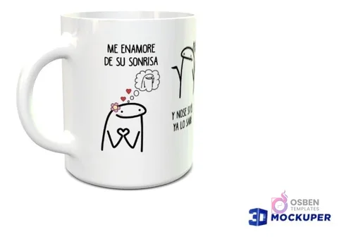 Taza sublimada con diseño Flork romántico, 'Me enamoré de su sonrisa' y personaje pensativo