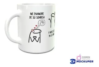 Taza sublimada con diseño Flork romántico, 'Me enamoré de su sonrisa' y personaje pensativo