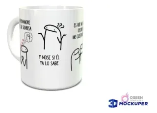 Taza sublimada con diseño Flork de indecisión amorosa, 'Y no sé si él ya lo sabe', 'Es que no decirlo me cuesta'
