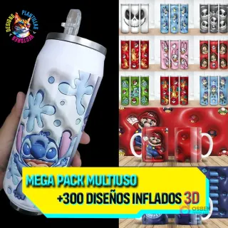 Colección de diseños 3D inflados para sublimación, mostrando Stitch en un tumbler, Jack Skellington, Pokémon, Mickey y Minnie en tumblers y tazas de Mario Bros.