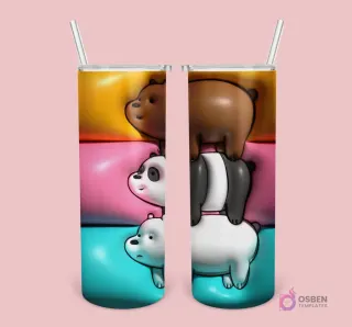 Plantilla de tumbler con diseño 3D inflado de los Osos Escandalosos (Pardo, Panda, Polar) apilados sobre un fondo de colores pastel.