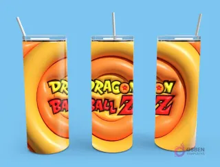 Plantilla de tumbler con diseño 3D inflado del logo de Dragon Ball Z (símbolo de Goku) en un fondo naranja y espiralado.