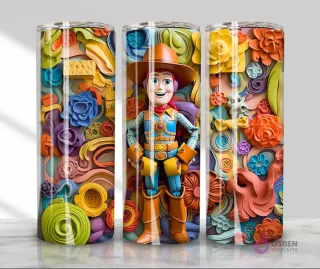 Plantilla de tumbler con diseño 3D inflado de Woody de Toy Story, rodeado de elementos abstractos y coloridos.