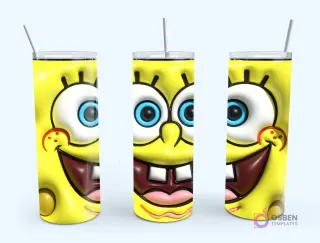 Plantilla de tumbler con diseño 3D inflado de la cara de Bob Esponja en un vibrante color amarillo.