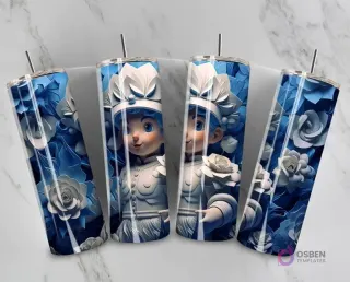 Plantilla de tumbler con diseño 3D inflado de una princesa guerrera fantástica con cabello azul y flores blancas.