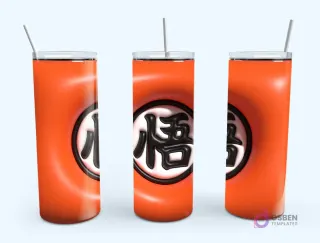 Plantilla de tumbler con diseño 3D inflado del símbolo de Goku de Dragon Ball Z en un fondo naranja liso.