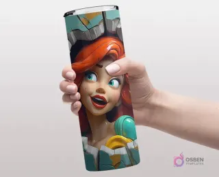 Plantilla de tumbler con diseño 3D inflado de la Princesa Ariel de La Sirenita, con su icónico cabello rojo y burbujas.