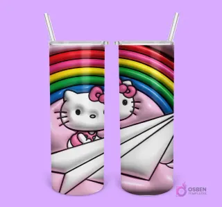 Plantilla de tumbler con diseño 3D inflado de Hello Kitty con un arcoíris y un avión de papel en un fondo rosa pastel.