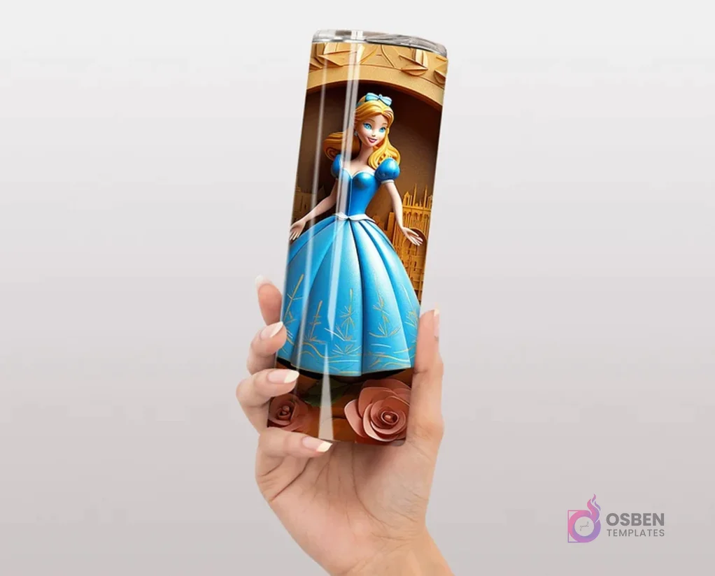 Plantilla de tumbler con diseño 3D inflado de la Princesa Cenicienta, con su vestido azul, un castillo de fondo y rosas.