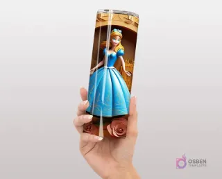 Plantilla de tumbler con diseño 3D inflado de la Princesa Cenicienta, con su vestido azul, un castillo de fondo y rosas.
