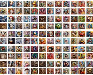 Mosaico de 100+ diseños 3D inflados mostrando una gran variedad de personajes populares como Disney, Pokémon, superhéroes y más, para sublimación.