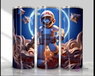 Plantilla de tumbler con diseño 3D inflado de Mario Bros en un traje futurista blanco y plateado, con un arma y una luna llena de fondo.