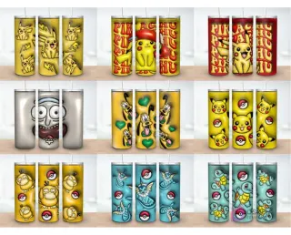Colección de 9 plantillas de tumblers con diseños 3D inflados de Pokémon (Pikachu, Psyduck, Vaporeon, Squirtle), Rick de Rick and Morty y Pluto de Disney.