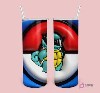 Plantilla de tumbler con diseño 3D inflado de Squirtle de Pokémon con gafas de sol sobre una Poké Ball gigante.
