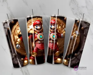 Plantilla de tumbler con diseño 3D inflado de Mario Bros en un traje de armadura rojo y dorado, con un fondo ornamentado.