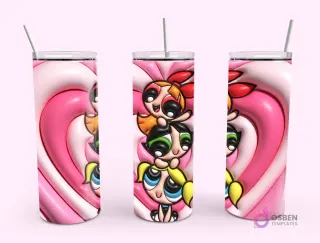 Plantilla de tumbler con diseño 3D inflado de las Chicas Superpoderosas (Bombón, Burbuja y Bellota) apiladas, sobre un fondo de corazones rosas.