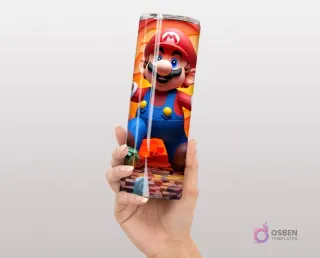 Plantilla de tumbler con diseño 3D inflado de Mario Bros saltando, con un fondo de bloques del videojuego.