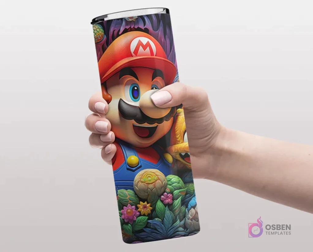 Plantilla de tumbler con diseño 3D inflado de Mario Bros en un exuberante paisaje de jungla con plantas y flores.