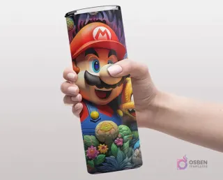 Plantilla de tumbler con diseño 3D inflado de Mario Bros en un exuberante paisaje de jungla con plantas y flores.