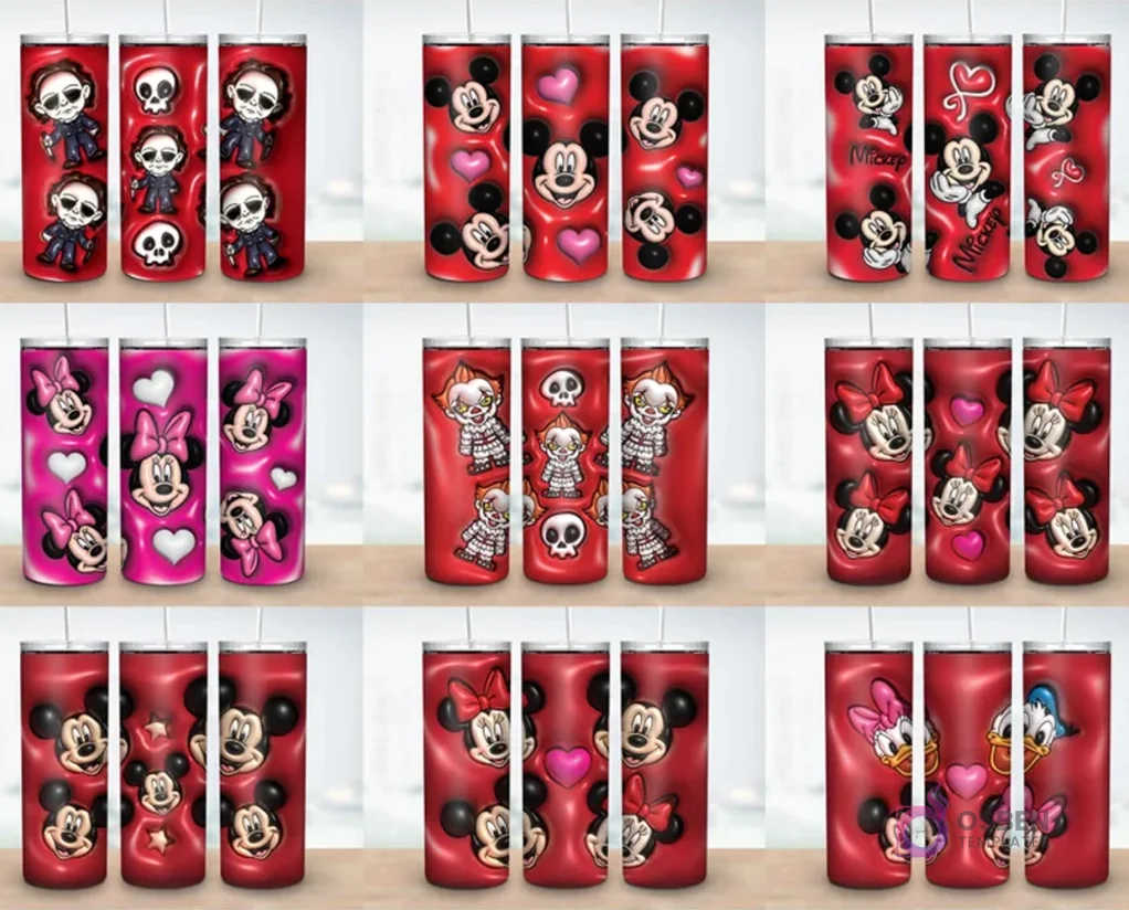 Colección de 9 plantillas de tumblers con diseños 3D inflados de Mickey y Minnie Mouse en diversas poses, incluyendo temáticas de Halloween con personajes de terror.