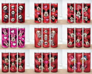 Colección de 9 plantillas de tumblers con diseños 3D inflados de Mickey y Minnie Mouse en diversas poses, incluyendo temáticas de Halloween con personajes de terror.