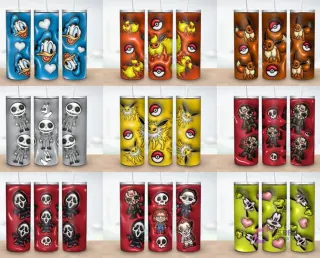 Colección de 9 plantillas de tumblers con diseños 3D inflados de Donald Duck, Pokémon (Pikachu, Eevee), Jack Skellington, personajes de terror (Jason, Ghostface, Michael Myers) y Goofy.
