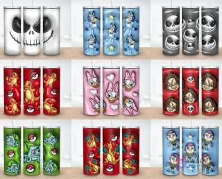 Colección de 9 plantillas de tumblers con diseños 3D inflados de Jack Skellington, Bluey, Daisy Duck, Chucky, Pokémon (Charmander, Bulbasaur, Charizard) y Buzz Lightyear.
