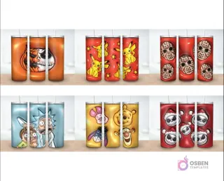 Colección de 6 plantillas de tumblers con diseños 3D inflados de Jack Skellington (Halloween y Navidad), Pikachu, Jason Voorhees, Rick and Morty y Winnie Pooh.