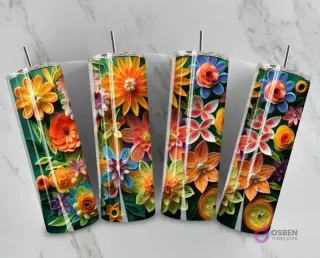 Plantilla de tumbler con diseño 3D inflado de coloridas flores abstractas y elementos en capas sobre un fondo verde oscuro.