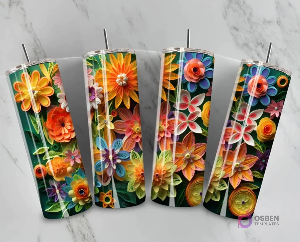 Plantilla de tumbler con diseño 3D inflado de coloridas flores abstractas y elementos en capas sobre un fondo verde oscuro.