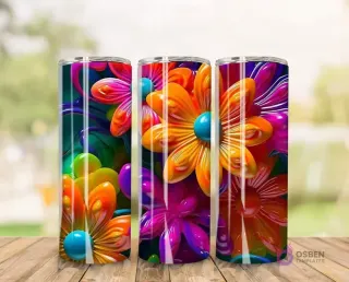 Plantilla de tumbler con diseño 3D inflado de grandes flores abstractas en tonos naranja, fucsia y azul con un fondo oscuro.