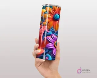 Mano sosteniendo un tumbler con diseño 3D inflado de flores abstractas en tonos naranja, fucsia y azul.