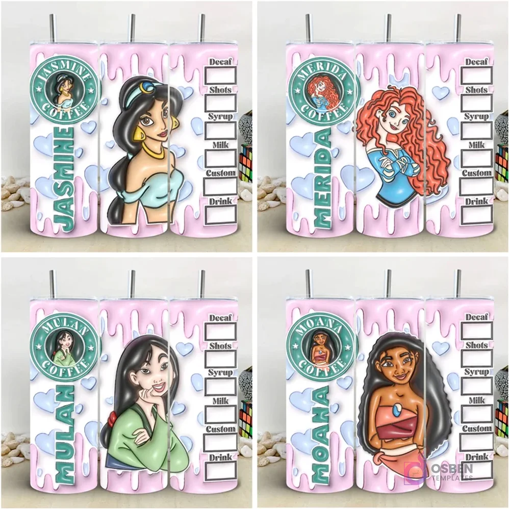 Colección de 4 plantillas de tumblers con diseños 3D inflados de Princesas Disney (Jasmine, Merida, Mulan, Moana) y parodias de menú de café Starbucks.