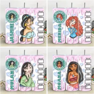 Colección de 4 plantillas de tumblers con diseños 3D inflados de Princesas Disney (Jasmine, Merida, Mulan, Moana) y parodias de menú de café Starbucks.