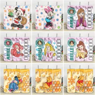Colección de 9 plantillas de tumblers con diseños 3D inflados de Mickey, Minnie, Anna, Ariel, Aurora, Belle y personajes de Winnie Pooh (Pooh, Eeyore, Piglet, Tigger) con parodias de Starbucks.