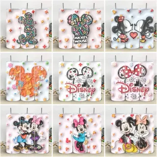 Colección de 9 plantillas de tumblers con diseños 3D inflados de Mickey y Minnie Mouse en estilos abstractos y temáticos de Disney.