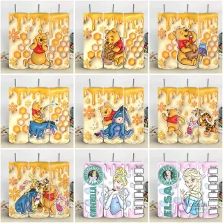 Colección de 9 plantillas de tumblers con diseños 3D inflados de Winnie Pooh y sus amigos (Eeyore, Tigger, Piglet) con fondos de miel, y Princesas Disney (Cenicienta, Elsa) con parodias de Starbucks.