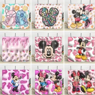 Colección de 9 plantillas de tumblers con diseños 3D inflados de Stitch, Angel, Mickey y Minnie Mouse en diversos fondos como floral, sprinkles y manchas de vaca.