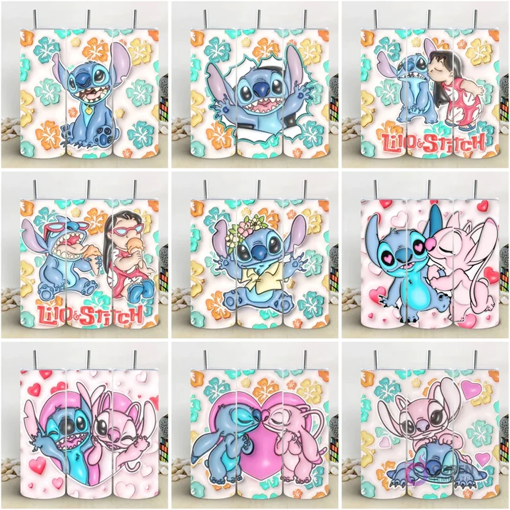 Colección de 9 plantillas de tumblers con diseños 3D inflados de Stitch y Lilo en múltiples poses y fondos tropicales o de corazones.