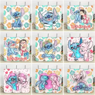Colección de 9 plantillas de tumblers con diseños 3D inflados de Stitch y Lilo en múltiples poses y fondos tropicales o de corazones.