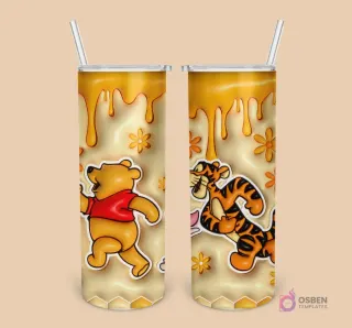 Plantilla de tumbler con diseño 3D inflado de Winnie Pooh y Tigger sobre un fondo de miel goteando y panales.