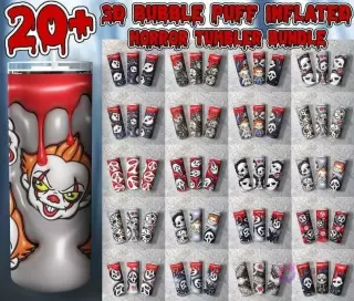 Gran imagen de tumbler de Pennywise y un mosaico de 20+ plantillas de tumblers con diseños 3D inflados de personajes de terror como Chucky, Jason, Michael Myers y Ghostface.
