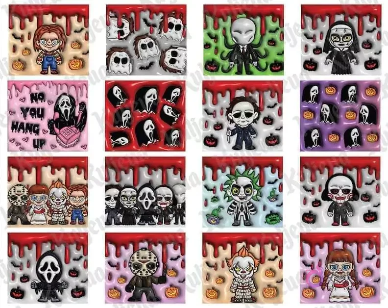 Mosaico de 12 diseños cuadrados 3D inflados de personajes de terror como Chucky, fantasmas, Slender Man, The Nun, Ghostface, Michael Myers, Pennywise, Jason y Beetlejuice.