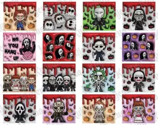 Mosaico de 12 diseños cuadrados 3D inflados de personajes de terror como Chucky, fantasmas, Slender Man, The Nun, Ghostface, Michael Myers, Pennywise, Jason y Beetlejuice.