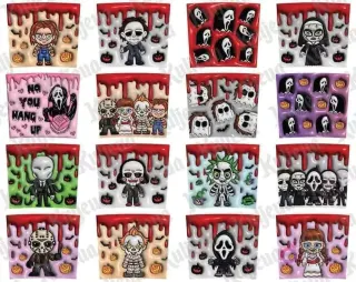 Mosaico de 12 diseños cuadrados 3D inflados de personajes de terror como Chucky, fantasmas, Slender Man, The Nun, Ghostface, Michael Myers, Pennywise, Jason y Beetlejuice.